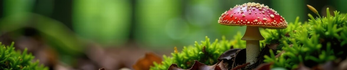 Fototapeta premium Forest floor detail with red amanita mushroom, nature, forest floor, mushroom