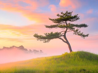 Fototapeta premium Serene Sunrise Landscape with Lone Pine Tree
