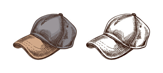 Hand drawn vintage colored and black sketch of baseball cap with visor in engraving style, isolated vector illustration © Mariia Mazaeva