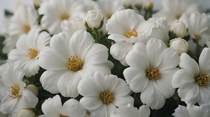 Closeup of delicate white flowers blooming profusely with yellow centers and buds