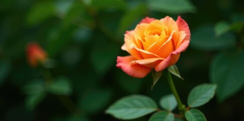 Fototapeta premium Green leaves and stems surround an orange rose in full bloom, blossom, rose, stem