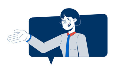 Asian female executive speaking in chat bubble 2D cartoon character. Cheerful korean woman manager in dialogue, communication flat vector person isolated on white. Spot illustration colorful