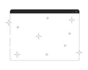 Empty software interface with sparkles 2D line object. Tech aesthetic. Shiny product optimization. Browser window twinkles isolated clipart vector ink outline item. Monochrome spot illustration
