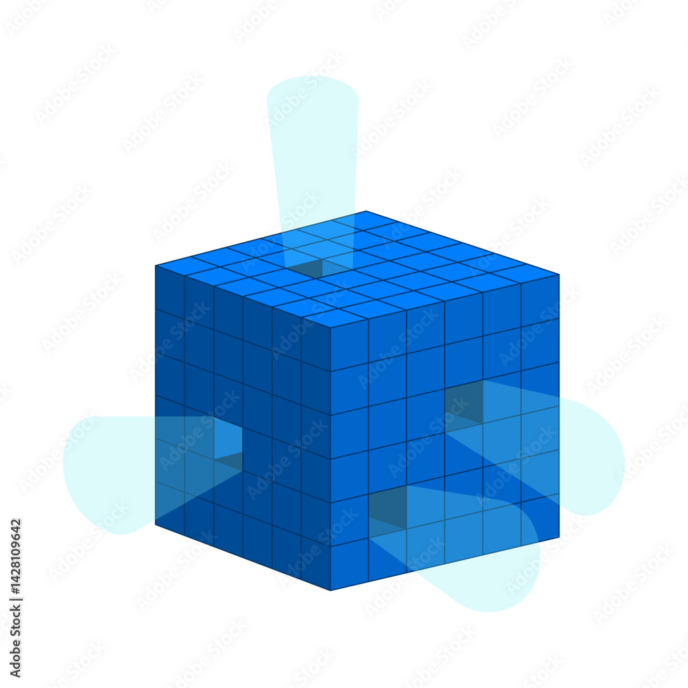 Poster digital data cube emitting light 2d cartoon object. structured grid information. system architecture
