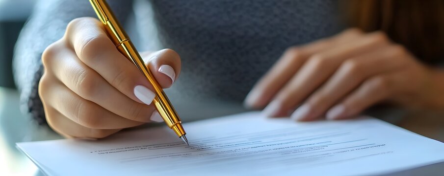A close-up view of a hand holding a golden pen, poised over a blank sheet of paper, emphasizing the act of writing and creativity in a professional setting.