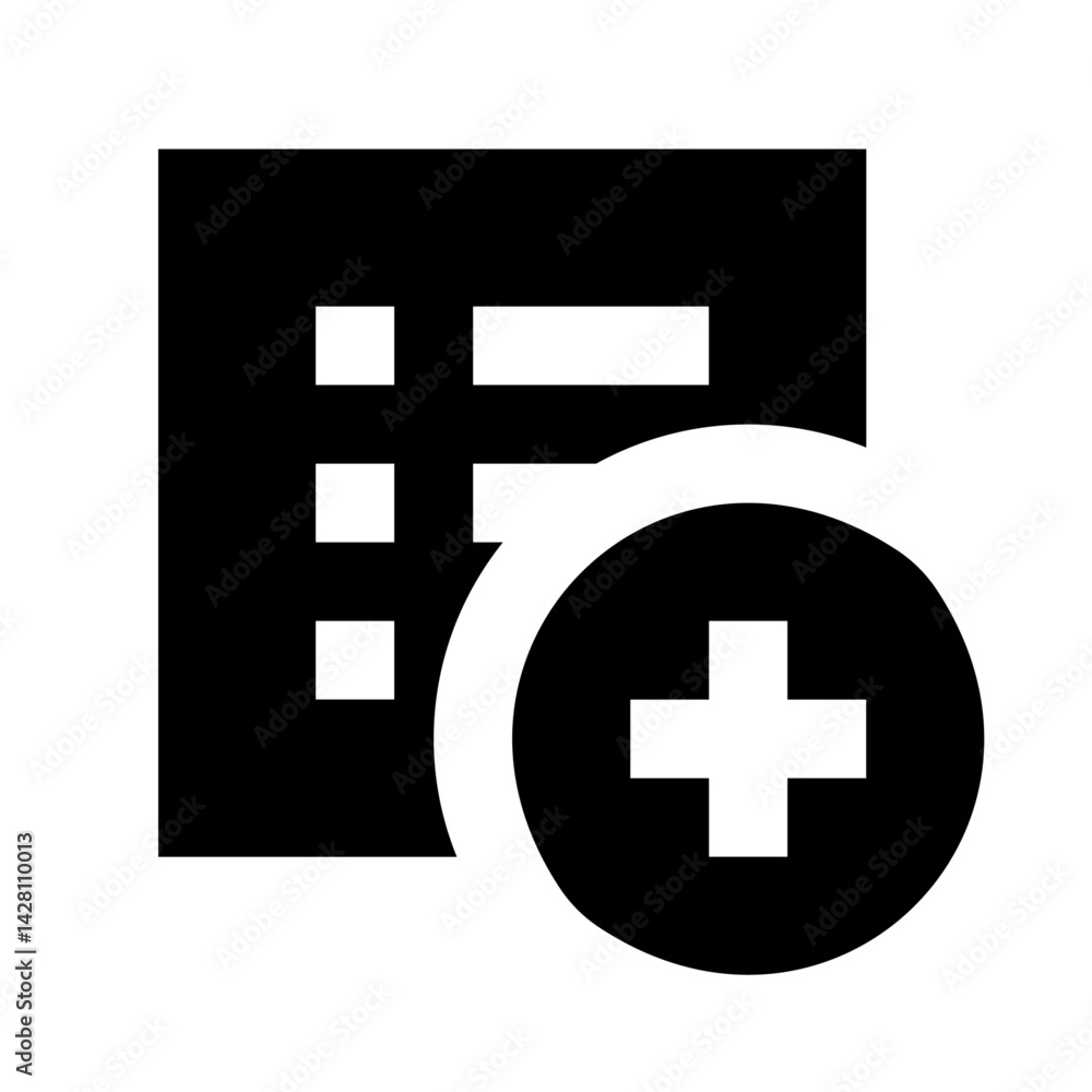 Poster black square with white rectangles and squares overlapping a white plus in a black circle shape icon