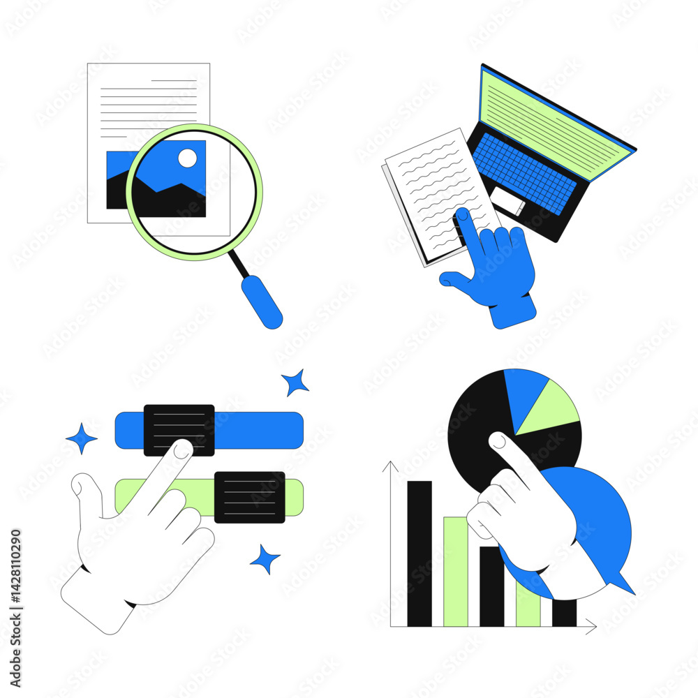 Poster user interaction and data exploration 2d onboarding ui illustrations set. study document, closer loo