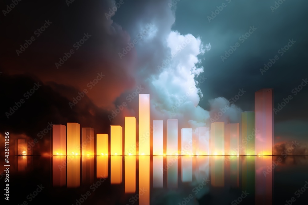 Poster light reflections create an enchanting landscape with dark clouds and shining towers at twilight