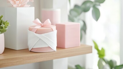 A set of scented soaps wrapped in linen, placed on a wooden shelf with soft natural light