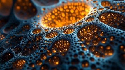 Obraz premium Abstract cellular pattern with glowing orange insides, outlined in cool blue fractal design