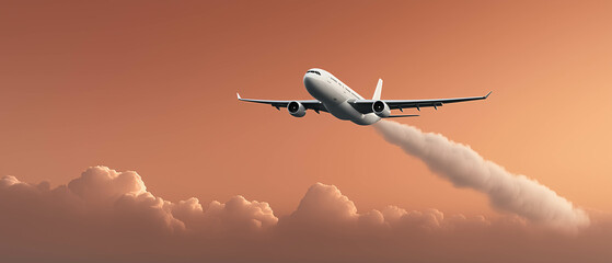 Soaring Journey: An passenger airplane gracefully ascends, leaving a vapor trail against a stunning backdrop of an orange sky.