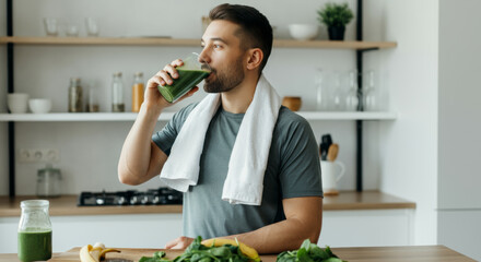 Energized man enjoys green smoothie in modern kitchen after morning workout