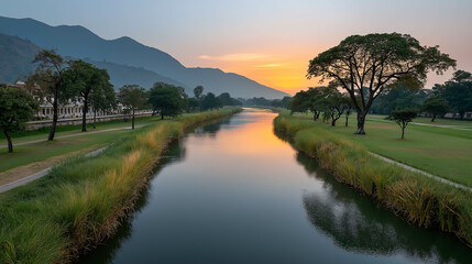 Obraz premium Serene River at Dawn: A gentle river winds its way through a picturesque valley, its waters reflecting the breathtaking colors of a dawn sky. Majestic mountains loom in the background.