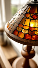 Stained glass table lamp with geometric patterns and a wooden base, radiating a warm and inviting glow.
