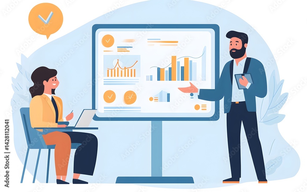 Aufkleber a professional presentation in a modern office setting, featuring a man explaining data on a screen 