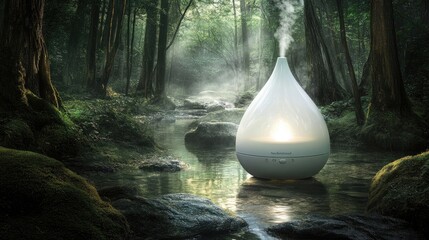 Tranquil forest scene featuring a teardrop-shaped humidifier.