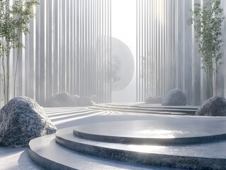 Serene Minimalist Zen Garden: Stone Steps and Misty Columns