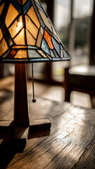 Illuminated stained glass lamp on a wooden table casting warm light and shadow in a cozy, blurred room setting.