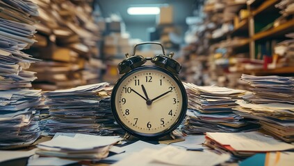 High-resolution image of a clock centered in an office amidst piles and stacks of documents, symbolizing the passage of time beneath, with detailed focus on scattered papers 