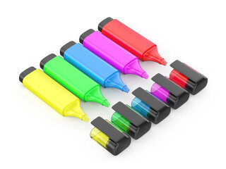 Row of five different colored fluorescent pens on a white background