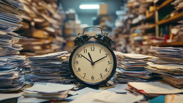 High-resolution image of a clock centered in an office amidst piles and stacks of documents, symbolizing the passage of time beneath, with detailed focus on scattered papers 