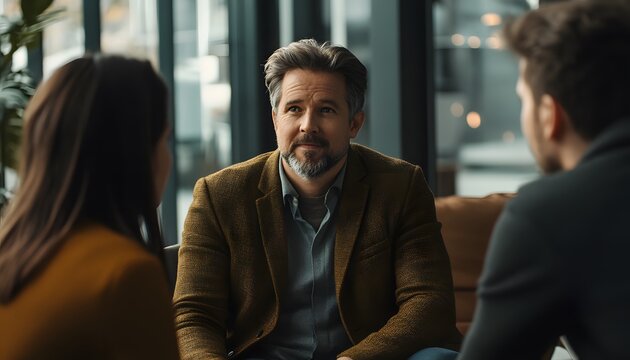 A three-person discussion in a modern setting, featuring a male speaker sharing ideas with two attentive listeners