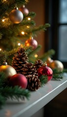 Pinecones and ornaments on a mantel under the Christmas tree, holiday, festive, winter