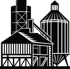 Grain Elevator Silhouette in Black | Industrial Farming Structure Vector