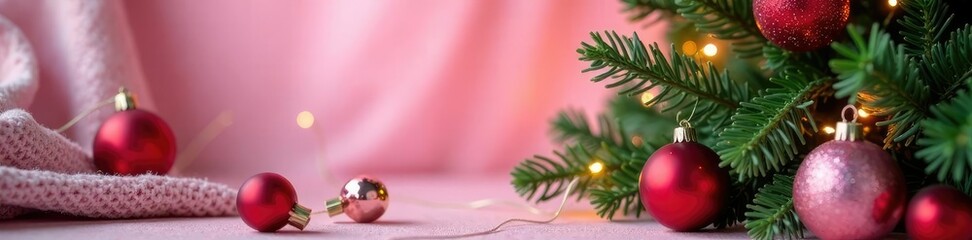 Pink and greenery Christmas tree branches with lights, tree, decor, pink