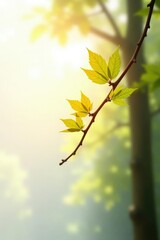 Obraz premium single branch on white background with warm sunlight, sunlight, nature, forest