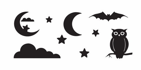 Night silhouette elements with moon stars bat and owl on branch