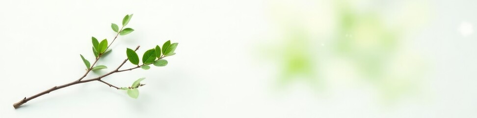 Obraz premium Single branch with green leaves against a clean white surface, foliage, branches