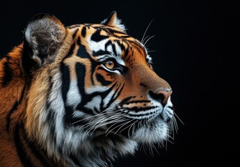 Obraz premium Majestic Profile of a Tiger Displaying Striking Features and Vivid Patterns Against a Dark Background