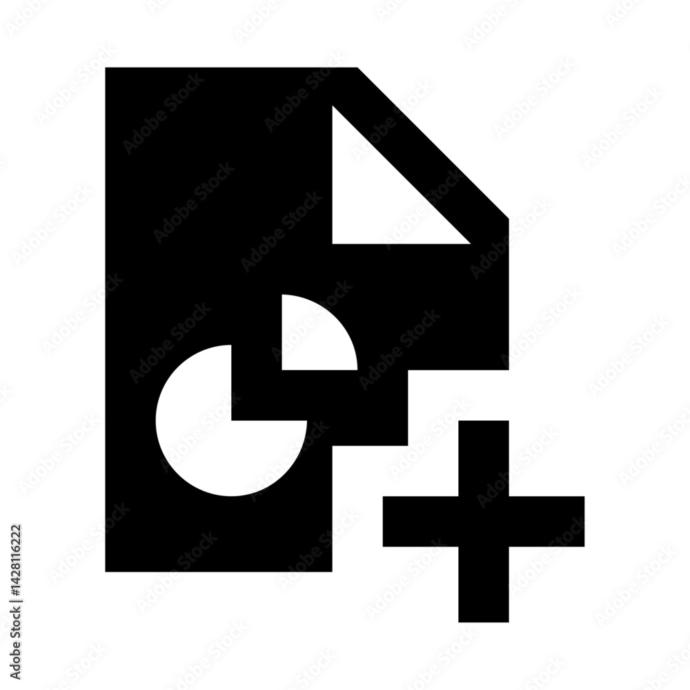 Poster black document with a folded corner and a pie chart overlayed with a plus sign in the lower right co