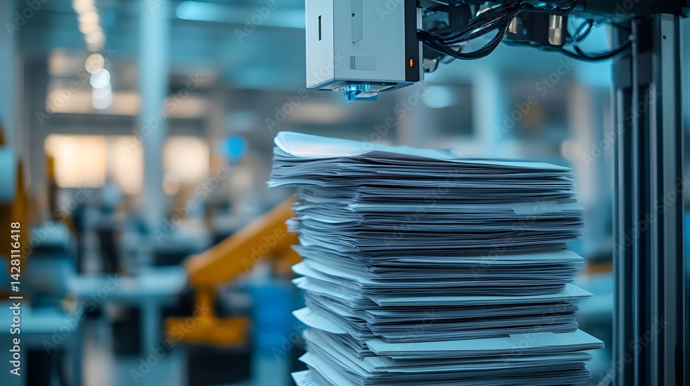 Poster robotic automation helping streamline document processing in a modern workspace, showcasing technolo