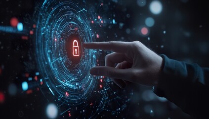 High-resolution stock photo contest winner depicting a businessman holding a virtual padlock icon and a digital security network in hand against a dark background, symbolizing the intersection 