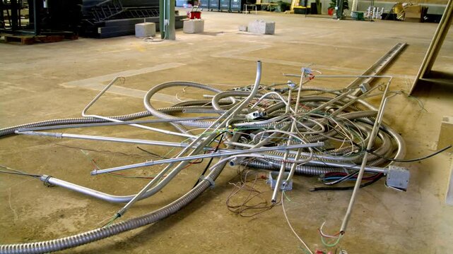 Metal electrical conduit on the floor of a warehouse construction site with video dolly right to left.