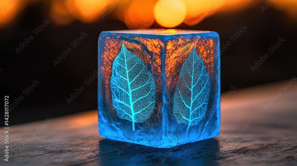 Poster a luminous blue cube with embedded leaves and golden background