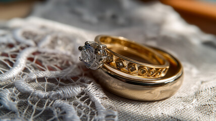 Naklejka premium Close-up of two gold wedding bands, one set with a diamond, on a white lace fabric, symbolizing commitment and union.