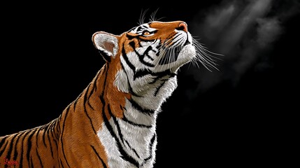 Naklejka premium Majestic tiger gazing upward, smoke in background