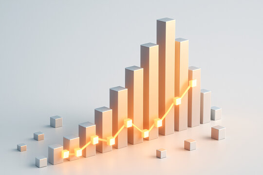 A digital representation of a bar chart with glowing elements, illustrating upward trends in data and statistics.