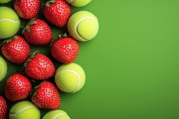 Fresh Strawberries and Tennis Balls on Bright Green Background