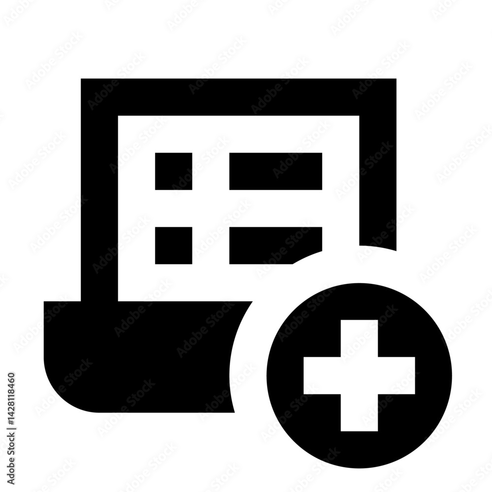 Poster black and white graphic of a document with grid and a plus sign in a circle on the bottom right corn