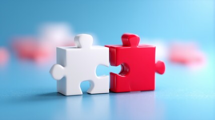 Fototapeta premium Two puzzle pieces connect on a blue background, symbolizing unity and collaboration in problem solving