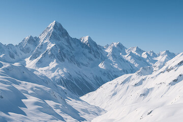 Obraz premium A stunning view of snow-covered mountains under a clear blue sky, showcasing the beauty and majesty of alpine landscapes.