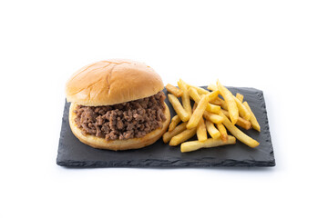 Traditional sloppy joe sandwich with french fries isolated on white background