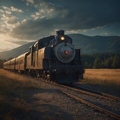 Fototapeta premium Vintage steam locomotive powers along tracks through scenic landscape during what late afternoon, judging by warm, soft lighting. Train, composed of several passenger cars.