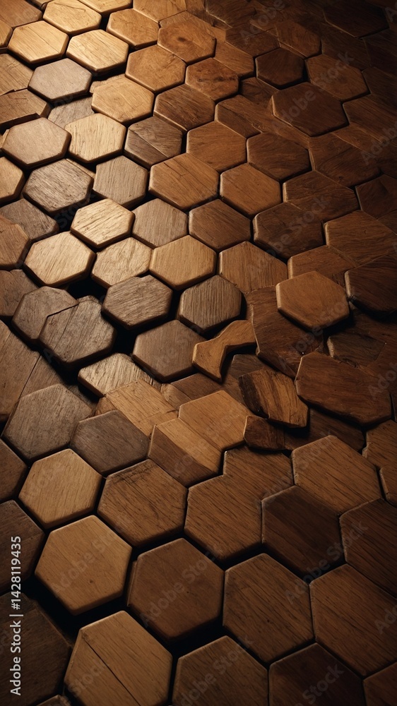 Poster skilled artisan meticulously arranges wooden hexagonal tiles on floor, creating intricate pattern. w