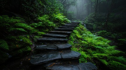 Obraz premium Stone steps ascend through a lush green forest with mist present