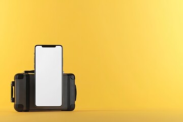 Obraz premium Modern travel tech. Smartphone and suitcase on yellow background